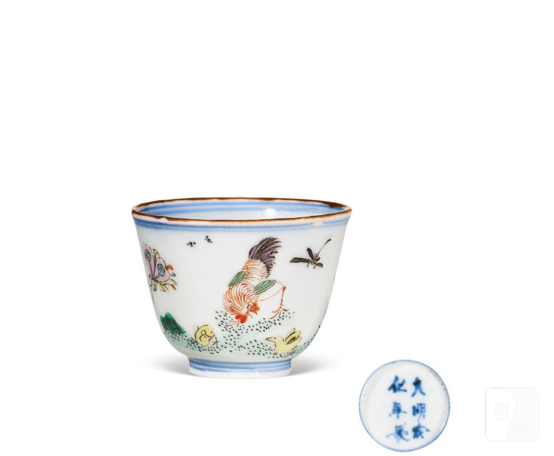 清康熙  五彩鸡趣图杯